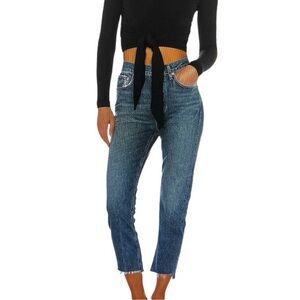 AGOLDE Riley Crop High Rise Organic Cotton Straight Jeans Blue Raw Hem 24